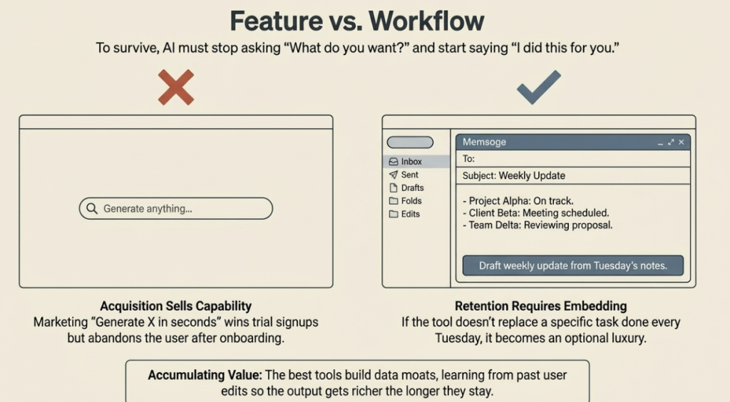 The AI tools that retain best are not the ones with the flashiest features at launch. They're the ones that accumulate value over time.